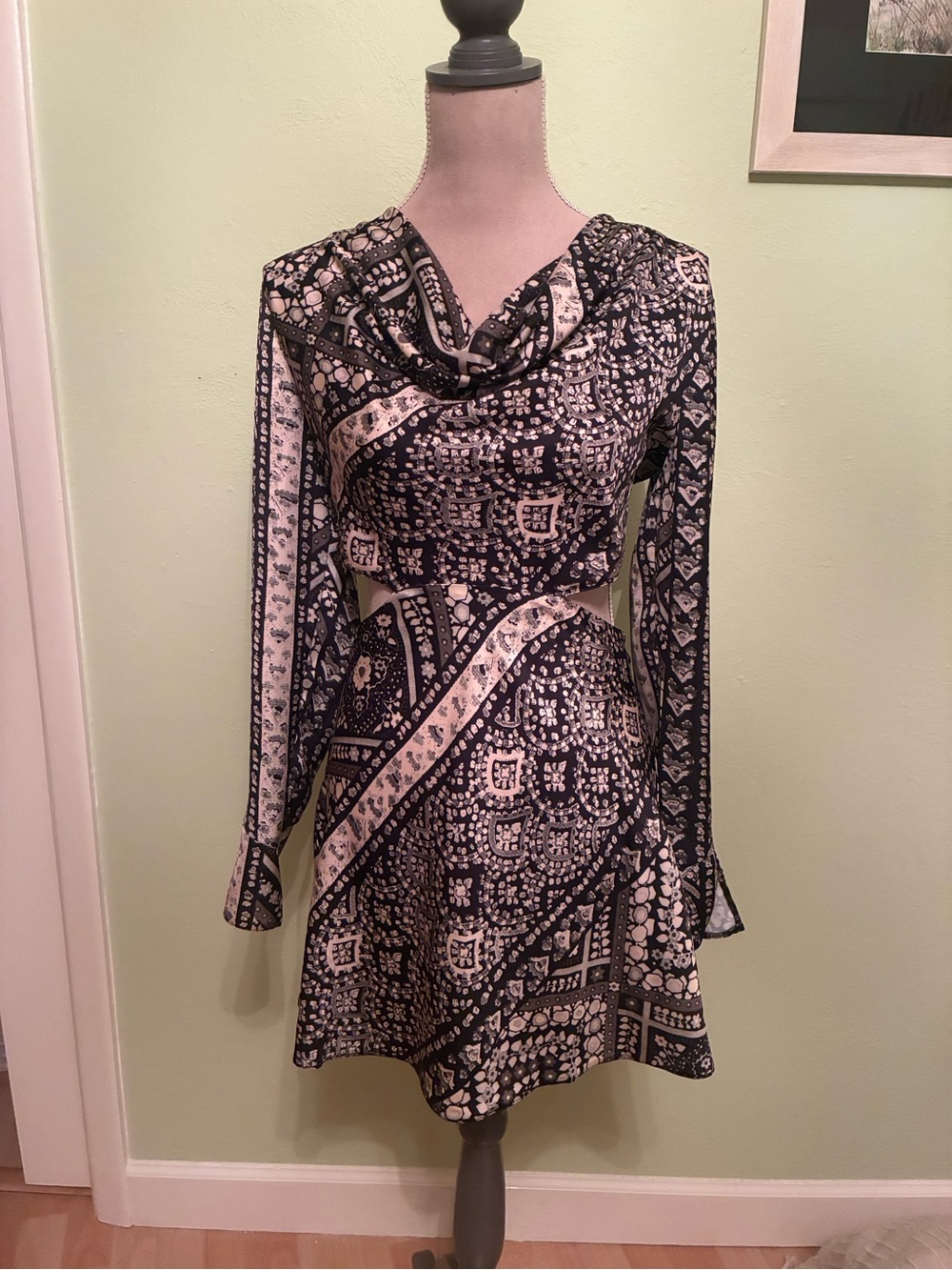 ASOS Black, Sage, and Cream Printed Cowl-Neck Mini Dress